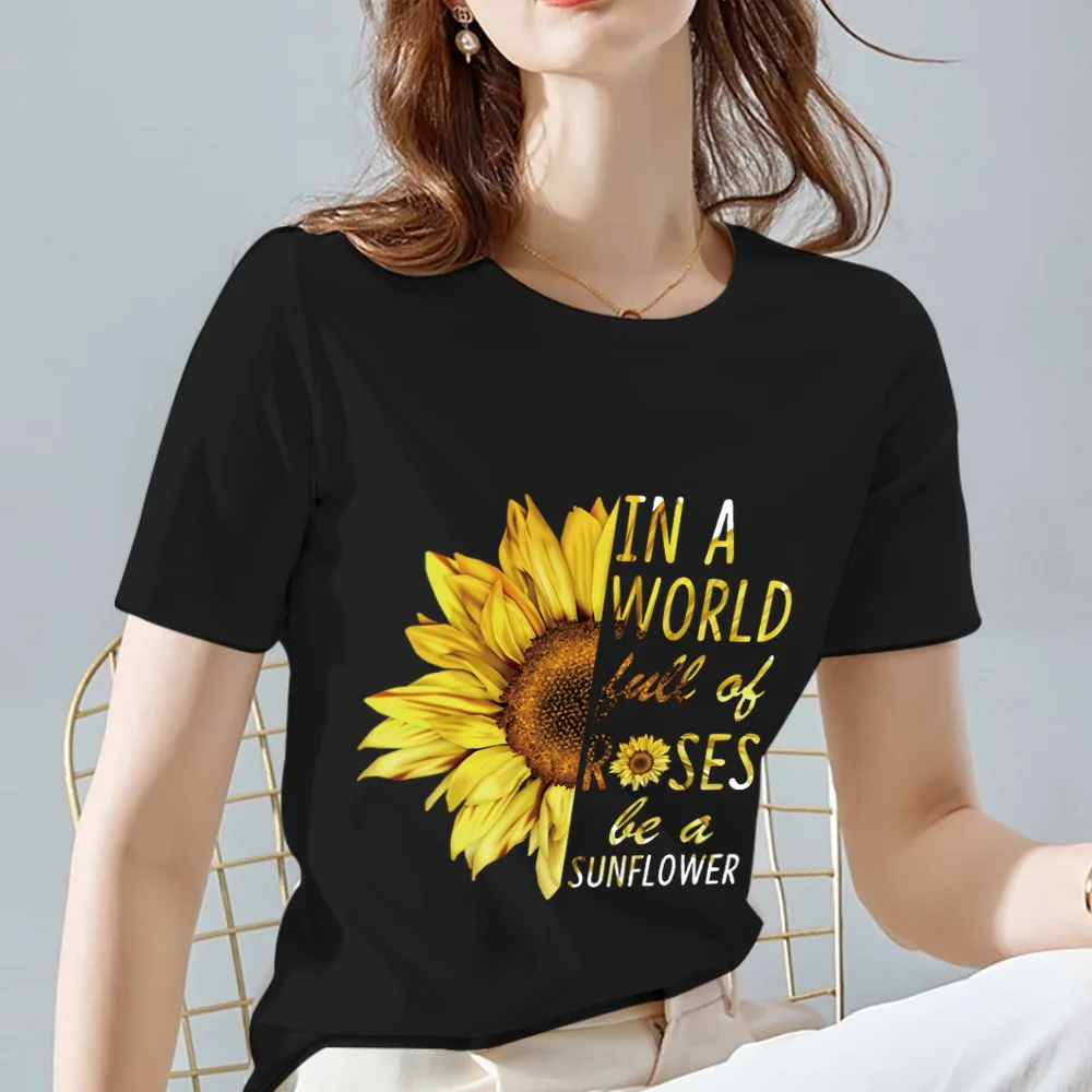 Women T-Shirt Vintage Daisy Flower Pattern Print Series Summer Black All-match O Neck Short Sleeve Tees Casual Tops XXS-3XL palm angels t shirt Tees