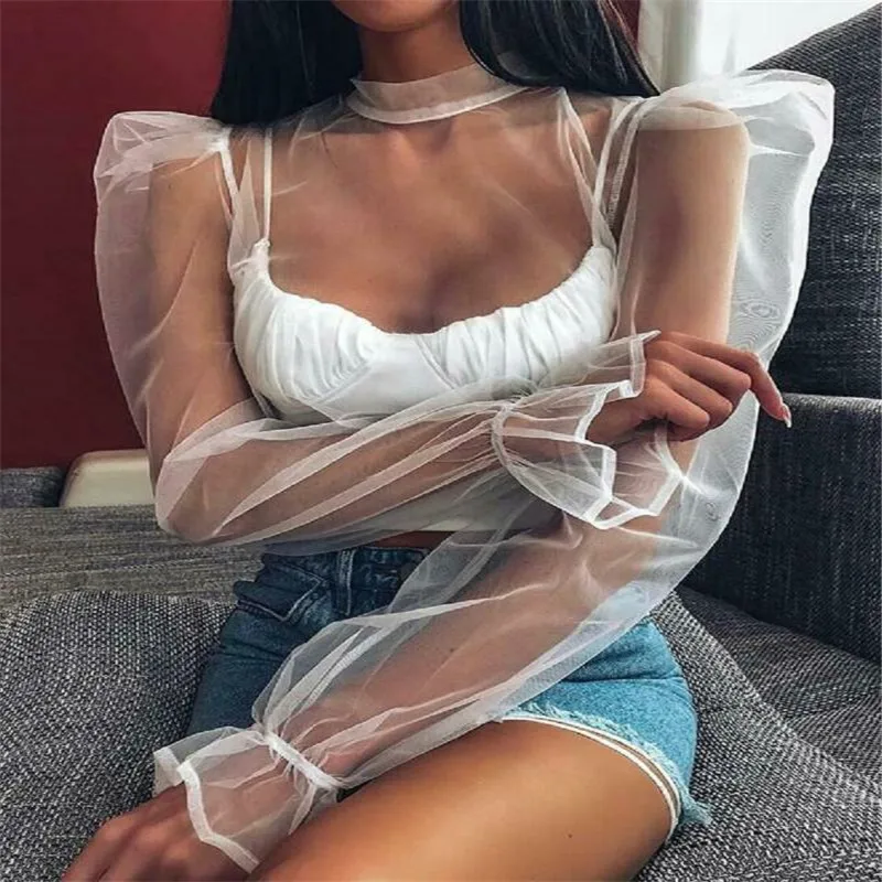 

Fashion Women Mesh See-through T-Shirts Puff Sleeve Club Wear T-Shirt Women Long Sleeve Transparent Tops High Neck Sheer Tees