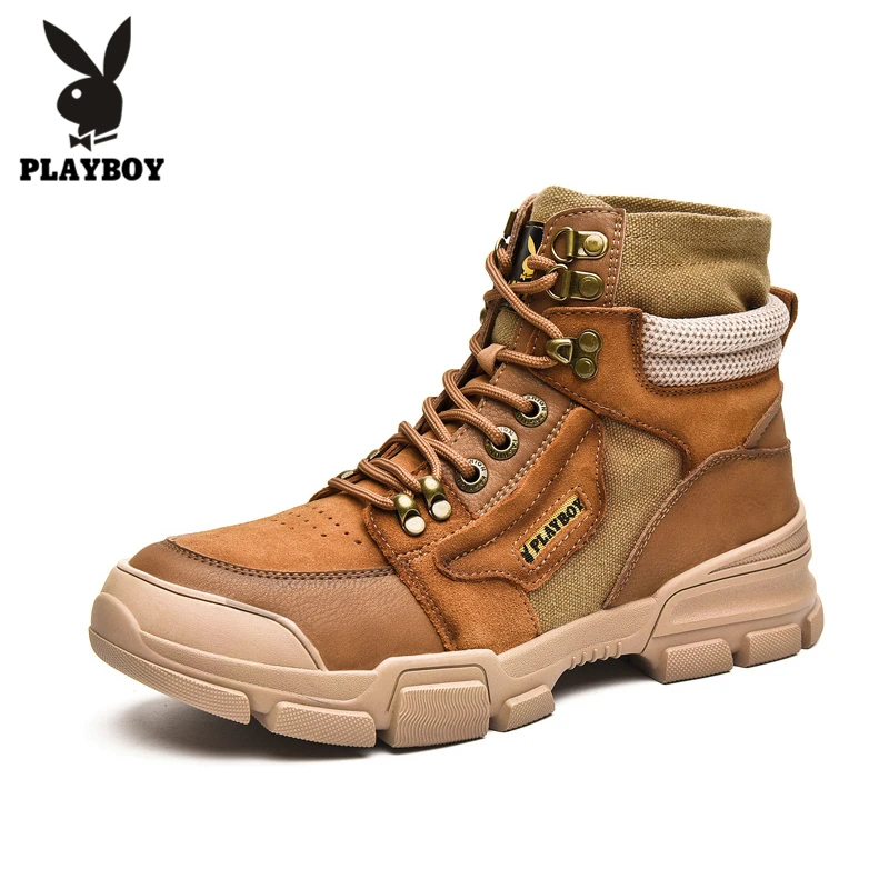PLAYBOY/Новинка; сезон осень-зима; новые мужские кроссовки; ботильоны с высоким берцем; Мужская обувь в стиле ретро; кожаные повседневные мужские ботинки; мужские повседневные ботинки - Цвет: yellow brown