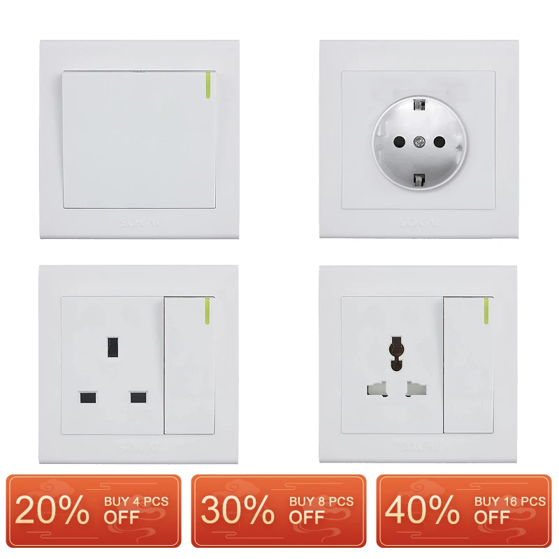 

86 size gang power usb outlet PC anti-fire material white on/off bulb lamp wall switch light switch 16A British socket outlet