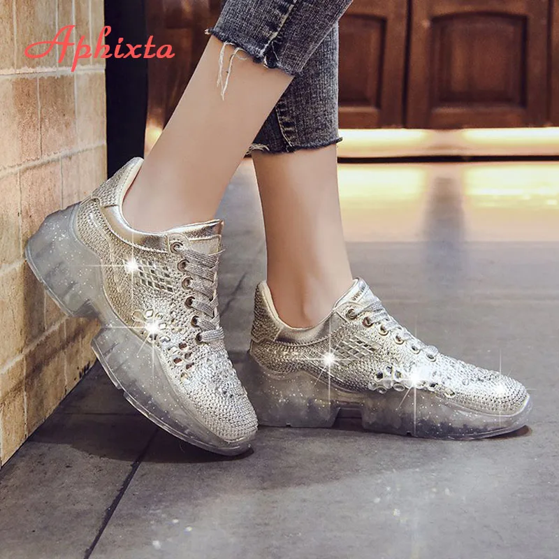 Aphixta/прозрачная обувь на платформе с украшением в виде кристаллов; женские ботильоны со стразами; обувь для учащихся на шнуровке, украшенная серебряными бусинами - Цвет: Gold