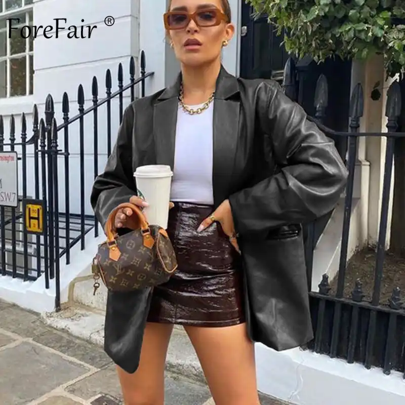 Forefair女性革ジャケットファッション服冬のファッションの流行ポケットフロントカジュアルルーズコート黒人女性ブレザー レザー スエード Aliexpress