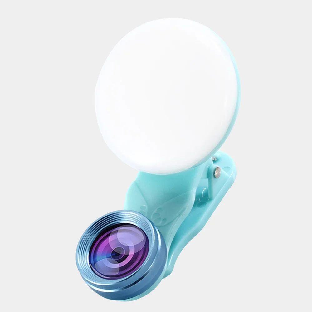 FDBRO LED Selfie Light Mobile Phone Lens Fill-in light+0.62X Wide Angle Lens+ 20X Macro Lens Kit For iPhone Samsung phones - Цвет: Blue