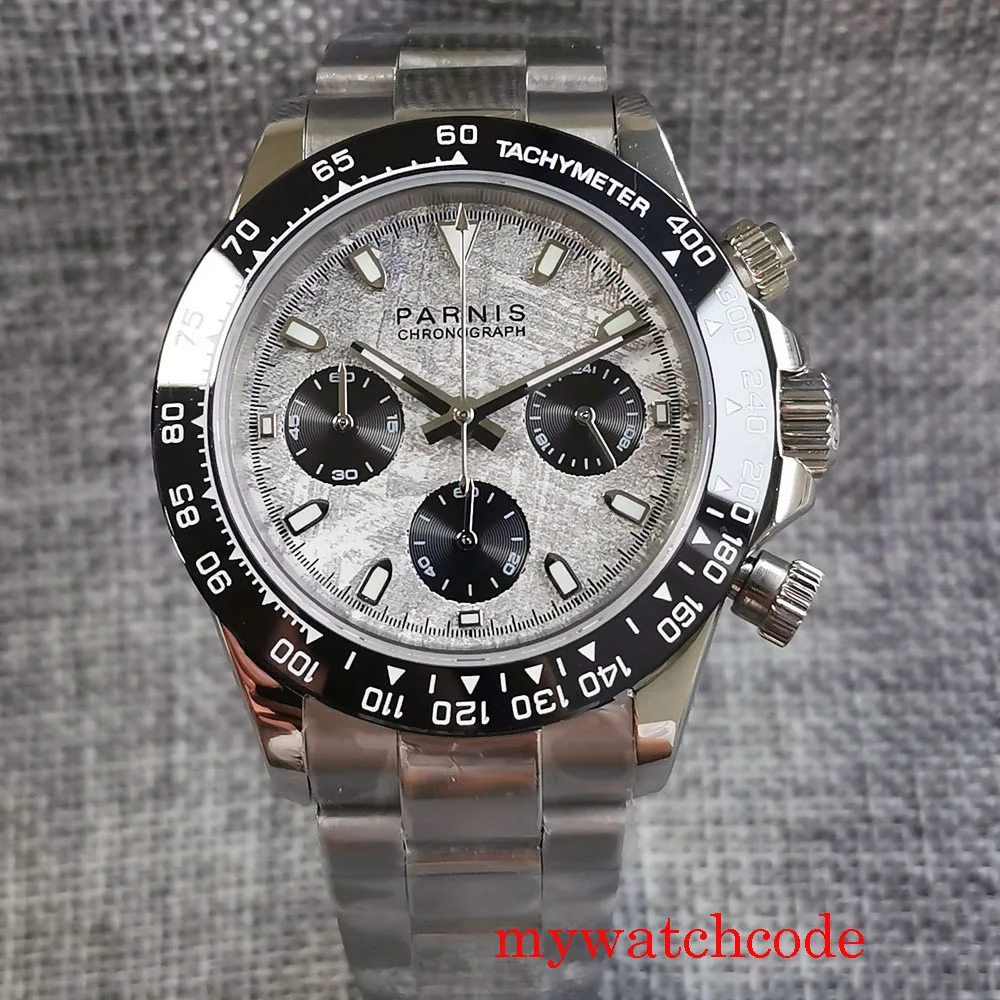 

New Arrival PARNIS 39mm Full Chronograph Quartz Mens Watch Sapphire Glass 24Hour Surface Pattern Dial Oyster Bracelet