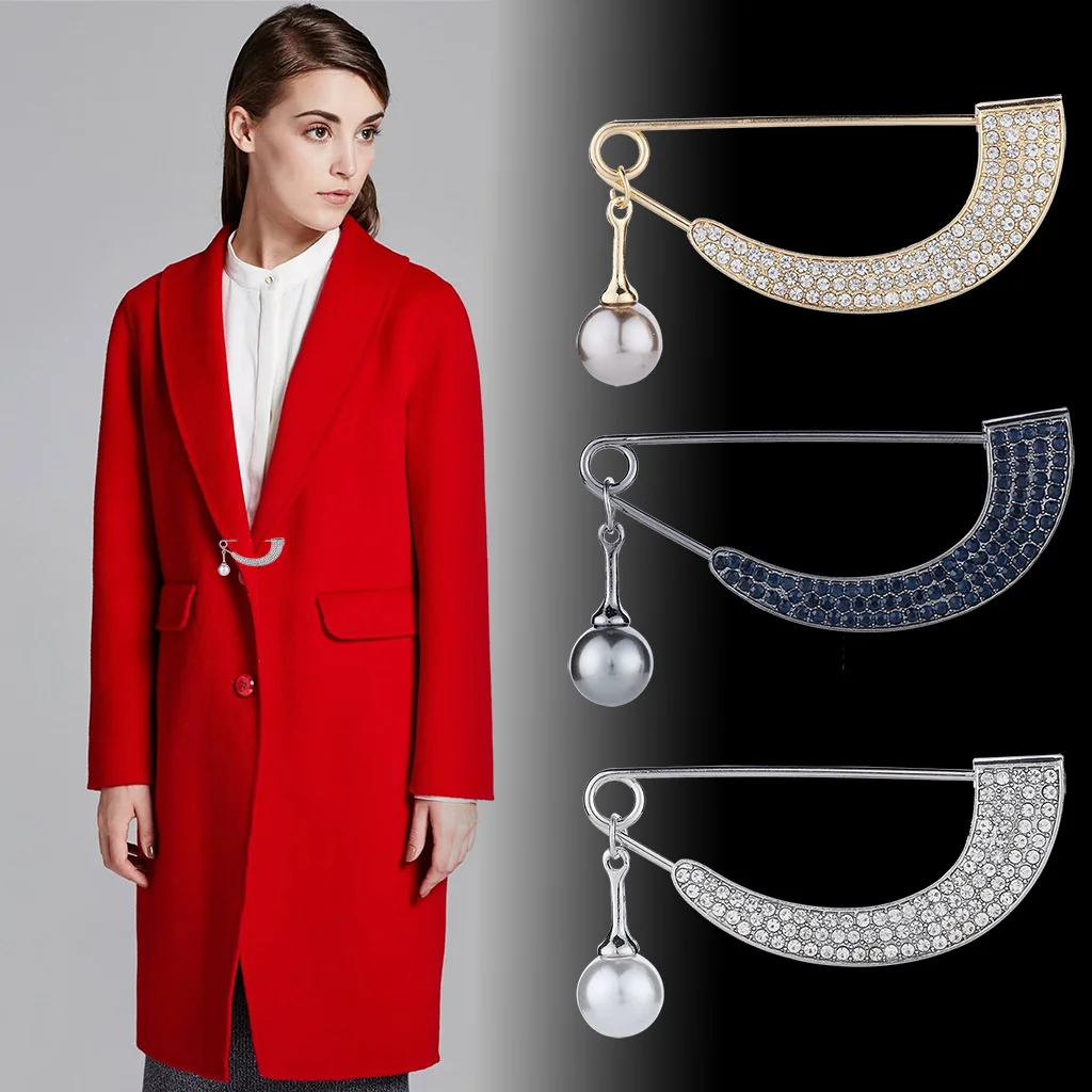 

Simple Temperament Brooches Crystal Curved Pearl Pendant Metal Cardigan Coat Pin Scarf Buckle Women Accessories Jewelry Luxury