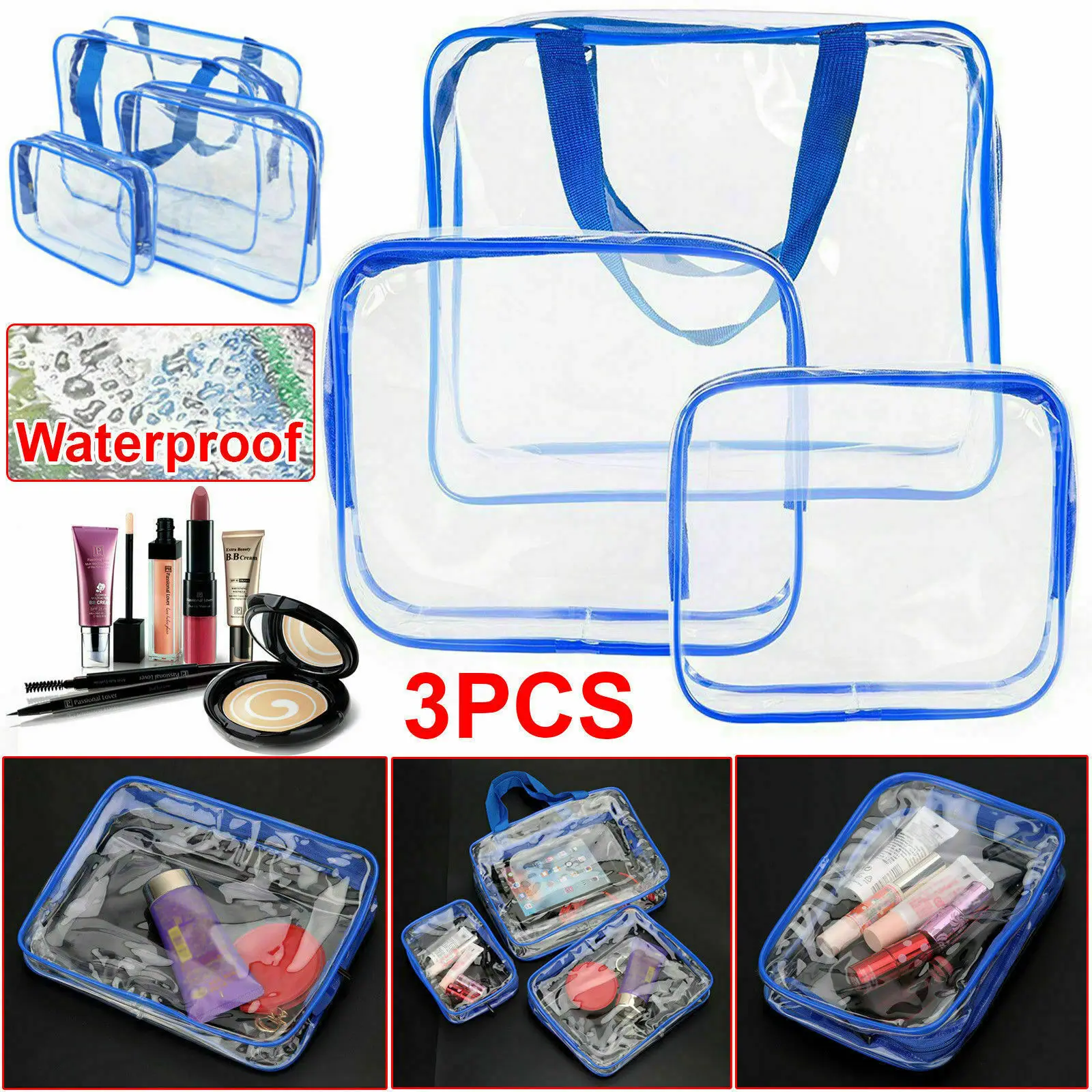 3PCS PVC Waterproof Clear Cosmetic Makeup Toiletry Bag Case Travel Holder Pouch See Through Cosmetic Bags 3 color Portable Bags - Цвет: Blue