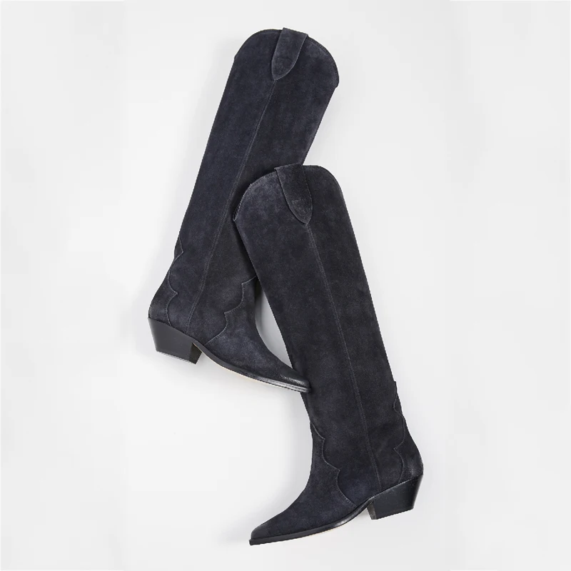 black suede Замшевые Сапоги; женские сапоги до колена на низком каблуке; кожаные сапоги на танкетке с острым носком; цвет черный, винный; женские высокие сапоги; cuissarde femme - Цвет: black suede