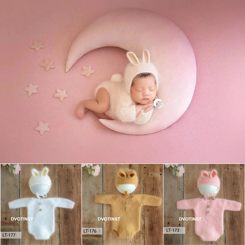 Dvotinst Newborn Photography Props Baby Soft Fur Knitted Rabbit Outfits Rompers Hat Bonnet Studio Accessories Shoots Photo Props