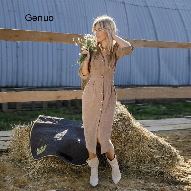 

Повседневные зимние вельветовые платья с глубоким V-образным вырезом, женские элегантные облегающие платья до середины икры с рукавами-фонариками, новинка 2021, шикарные