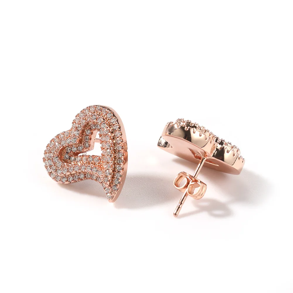 Stud earrings for women men Hollowed Out Heart Hip Hop Iced Out Gold Silver Color Ear Jewelry