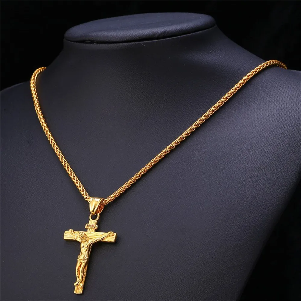 Fashion Stainless Steel Chains Jesus Cross Pendant Necklace Women Pendants Necklace Men Christian Jewelry Gold Silver Dad Gifts - Окраска металла: gold