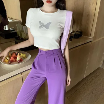 

Elastic Waist Casual Pants Two Piece Set Women Butterfly Print O Neck Tees+high Waist Trousers Outfits Fashion Loose Pants Suits