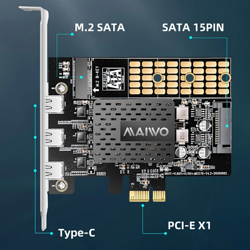 Maiwo-cartão de Expansão Pcie x1 para Portas tipo c com Placa Adaptadora de Disco de Estado Sólido M.2 Embutido Suporta 2280 Ssd Usbc m2 Sata Cartões para acréscimos - Imagem 2