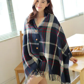 

2019 new imitation cashmere button ladies 60*200cm cloak shawl autumn and winter dual-use thick tassel plaid scarf
