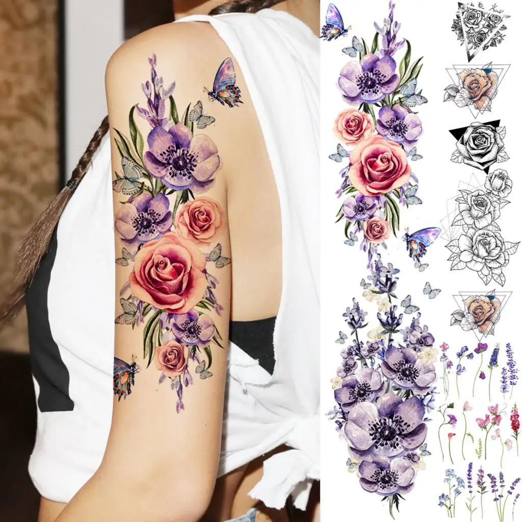 

3D Watercolor Lily Rose Flower Butterfly Temporary Tattoos For Women Adult Geometry Lavender Fake Tattoo Arm Washable Tatoos