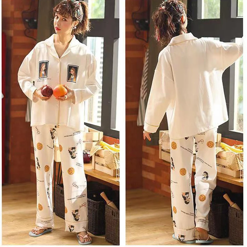 beige lounge wear Одежда для дома хорошего качества с мультяшным принтом, комплект для отдыха на зиму и осень, женская одежда для сна с длинными рукавами, пижама для подростков - Цвет: beige lounge wear
