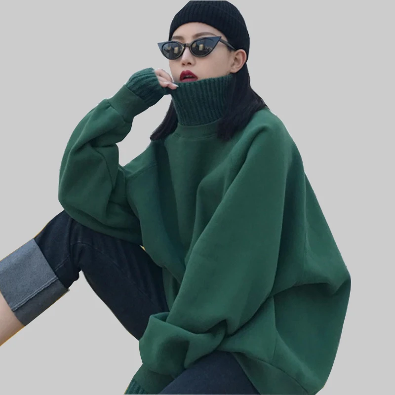 

Autumn Women Plus Size Harajuku Green Knitted Sweatshirt Winter Hip Hop Thicken Turtleneck Streetwear Sweatshirt Loose Pullovers
