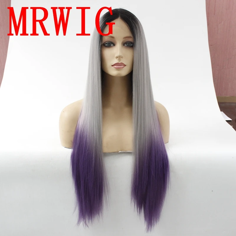 MRWIG 26in реальные pic 1b # черный ombre серый/фиолетовый бесплатная часть синтетические волосы на кружеве парик термостойкие волокно