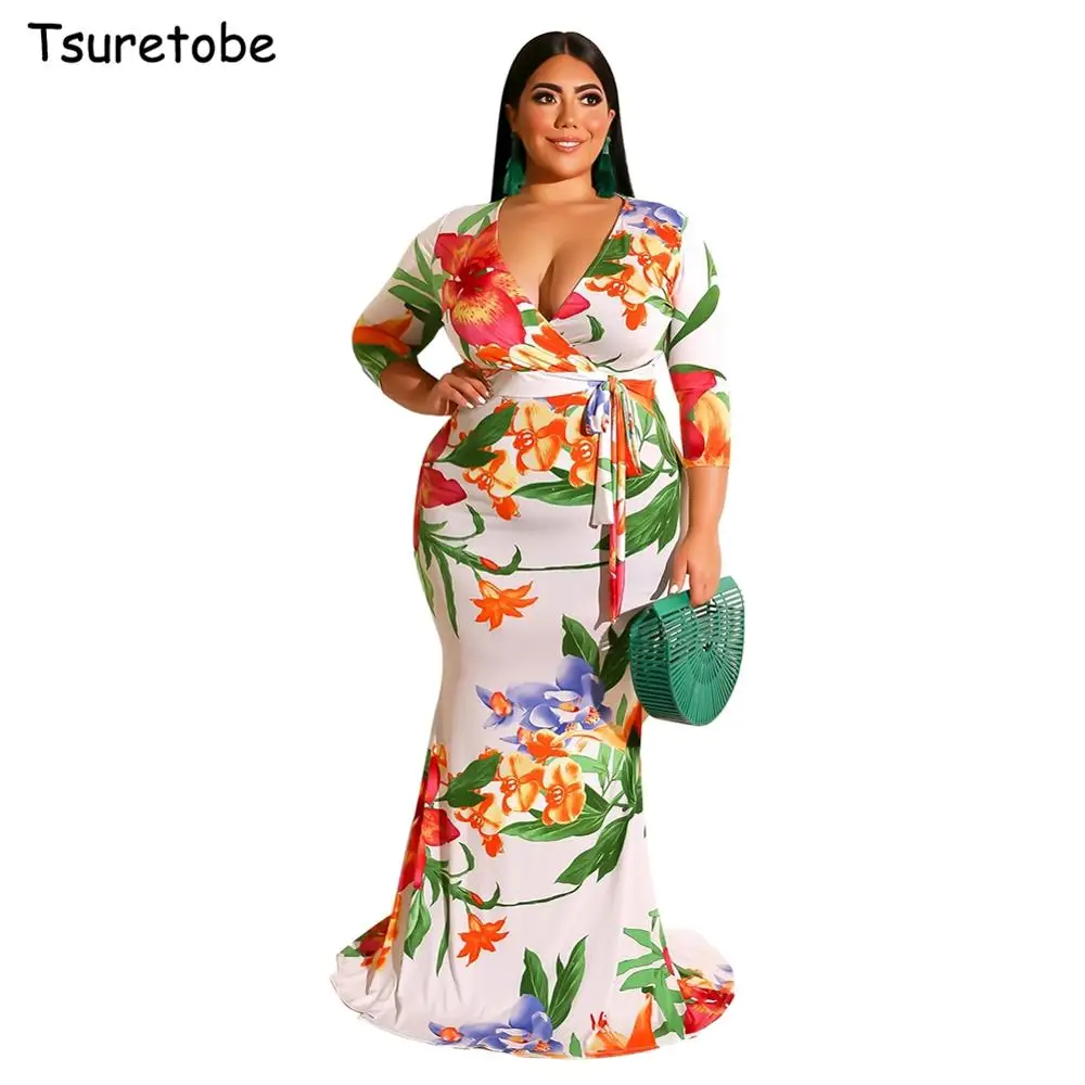Tsuretobe Плюс Размер Bodycon бандаж цветочный принт Макси платье Глубокий v-образный вырез женское соблазнительное платье-русалка вечерние перекрестное платье пояса Mujer
