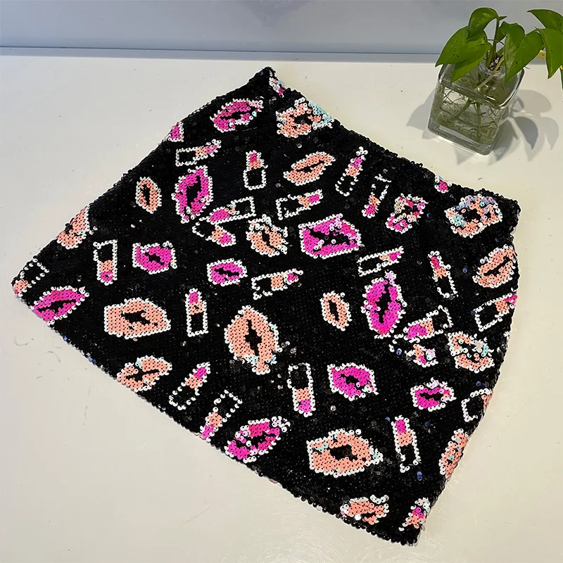 H80&S90 New Women Amazing Sexy And Club Sequin Beading Classic Lips Skirt Slim Mini Skirt Vintage Female Geometric A-Line Skirts