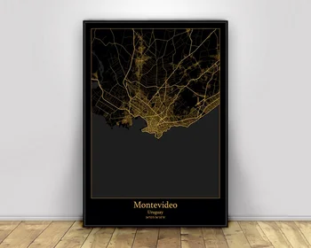 

Montevideo Uruguay Black&Gold City Light Maps Poster Custom World Art Canvas painting wall art for living room Home Decor