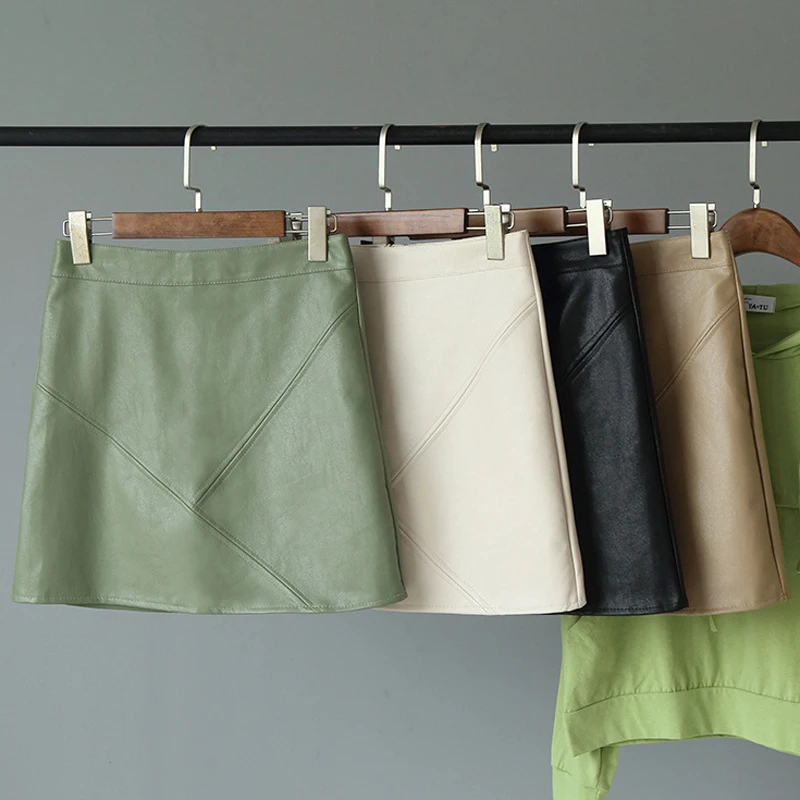 

2019 Women PU Leather Midi Skirt High Waist Women Skirt Office Lady Mini Skirt Ladies Casual A-line Short Skirts kz045