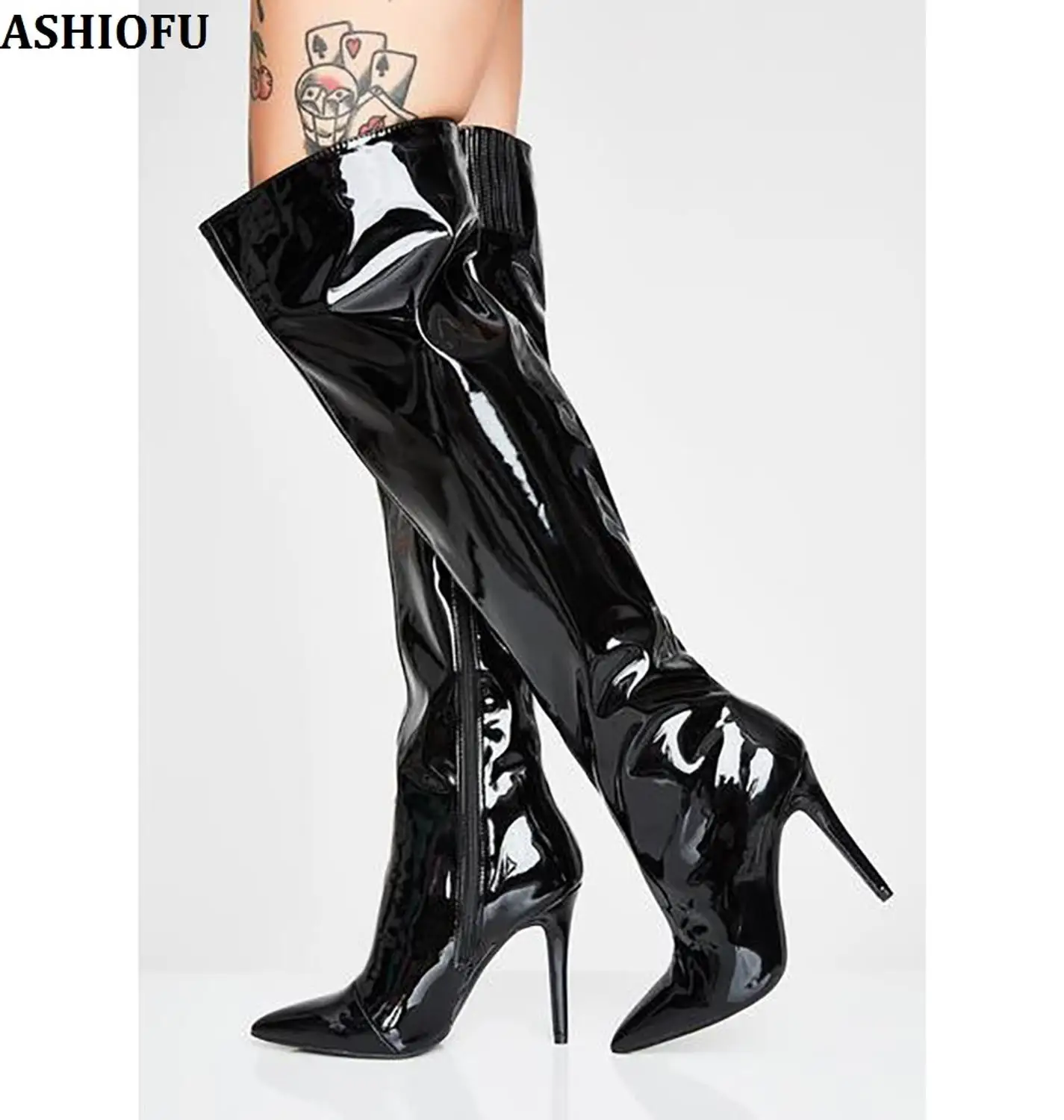 

ASHIOFU 2022 New Handmade Ladies High Heel Boots Patent Leather Sexy Club Over Knee Boots Party Evening Fashion Long Boots Shoes