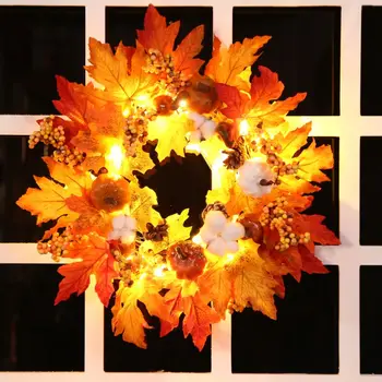 

45cm Autumn Wreath Christmas Thanksgiving Decor Garland with Light Home Window Door Maple Leaf Decoration Wreath Festival Decor
