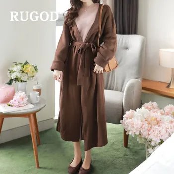 

RUGOD Knitted Long Cardigan Belt Loose Sweater Womens Sweaters 2019 Winter Tops For Women Knitwear Kpop Clothes Collect Waist