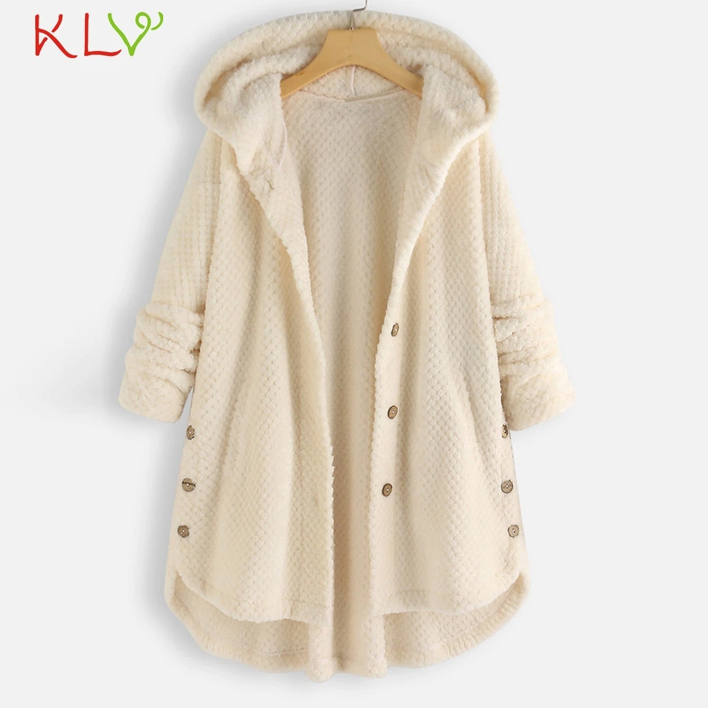 Women Jacket Hooded Fleece Pocket Warm Winter Coat Fluffy Button Casual Top Outwear Clothes Plus Size Manteau Femme 5XL 19Oct