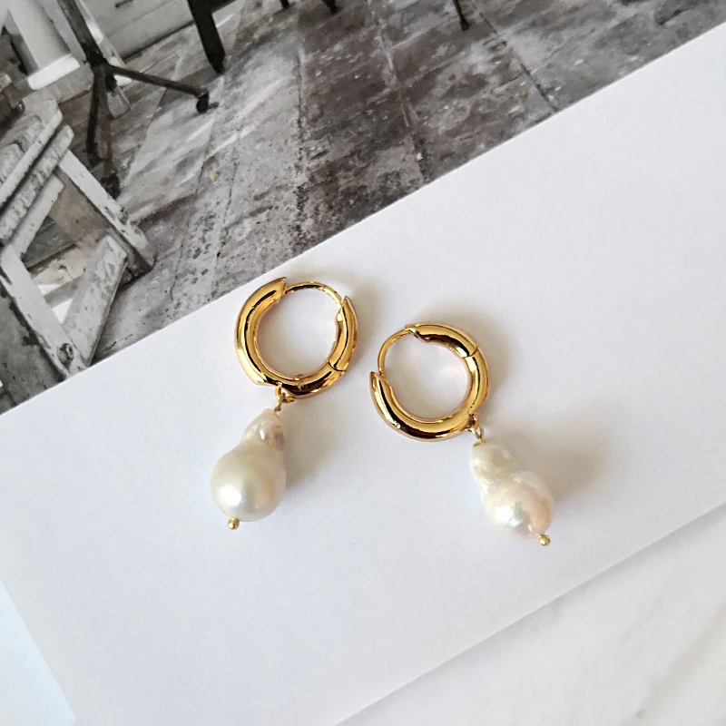 Peri'sBox 2019 Natural Baroque Freshwater Pearl Drop Earrings Gold Small Circle Large White Pearl Earrings for Women Pearl Charm - Image 4