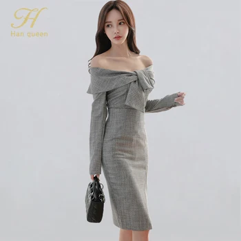 

H Han Queen Women Winter Sexy 2 Pieces Set 2019 New Slash Neck Off Shoulder Tops & High Waist Sheath Bodycon Pencil Skirts Suits