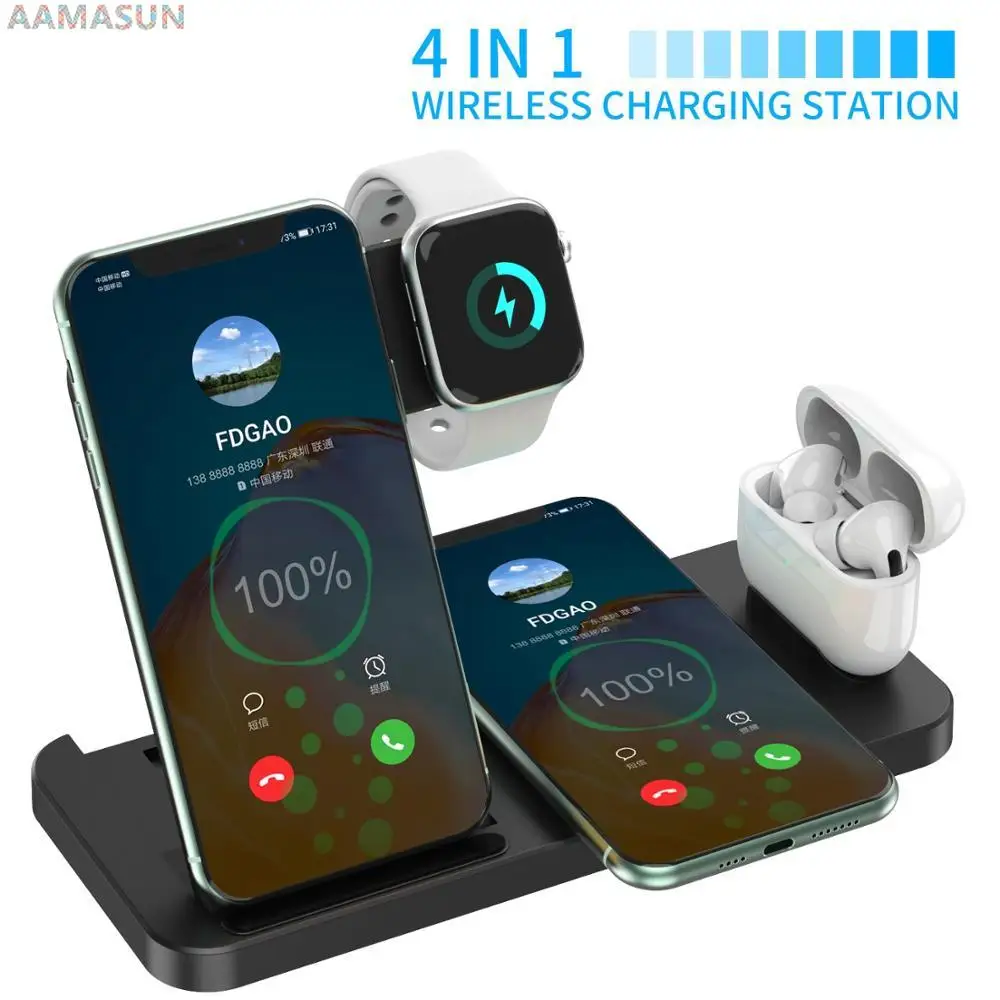 15W Fast Wireless Charger 4 in 1 Qi Charging Dock Station For iPhone 12 11 Pro XS MAX XR X 8 Apple Watch SE 6 5 4 3 AirPods Pro