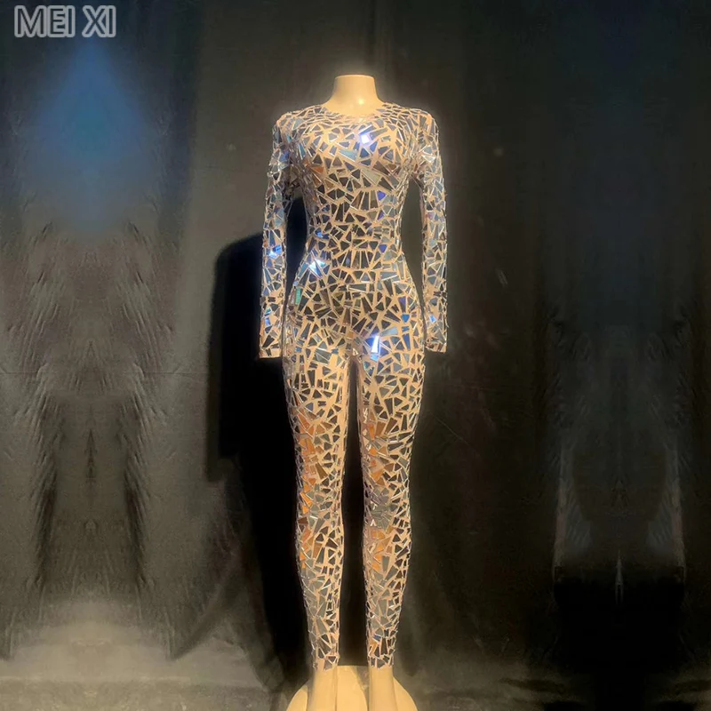 

Sparkly mesh yarn silver lens jumpsuit stage performance suit bar concert DJ singer/dancer costume
