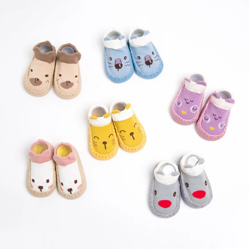 Детские носки с резиновой подошвой, носки с животным узором для новорожденных, весенние детские носки-тапочки нескользящие носки с мягкой подошвой