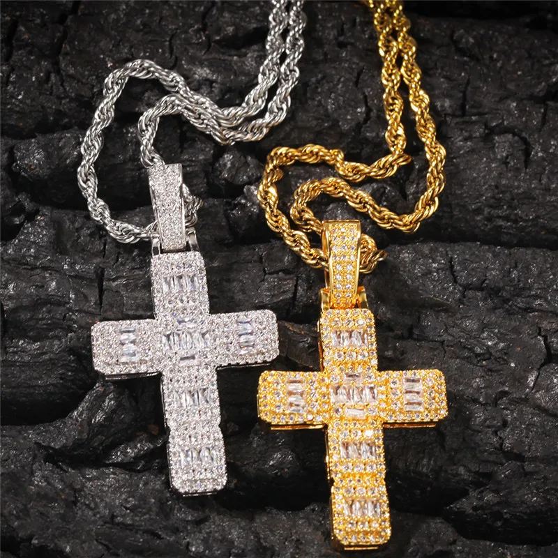 Iced Out Cross Pendant Necklace For Men Gifts With Chain Bling Baguette Cubic Zirconia Hip Hop Jewelry | Украшения и аксессуары