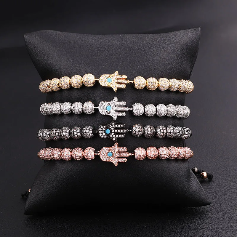 Luxury Women Men Bracelet CZ Ball Blue Hamsa Hand Charm Adjustable Beads Macrame Bracelet Men WOmen