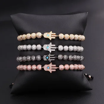 Luxury Women Men Bracelet CZ Ball Blue Hamsa Hand Charm Adjustable Beads Macrame Bracelet Men WOmen