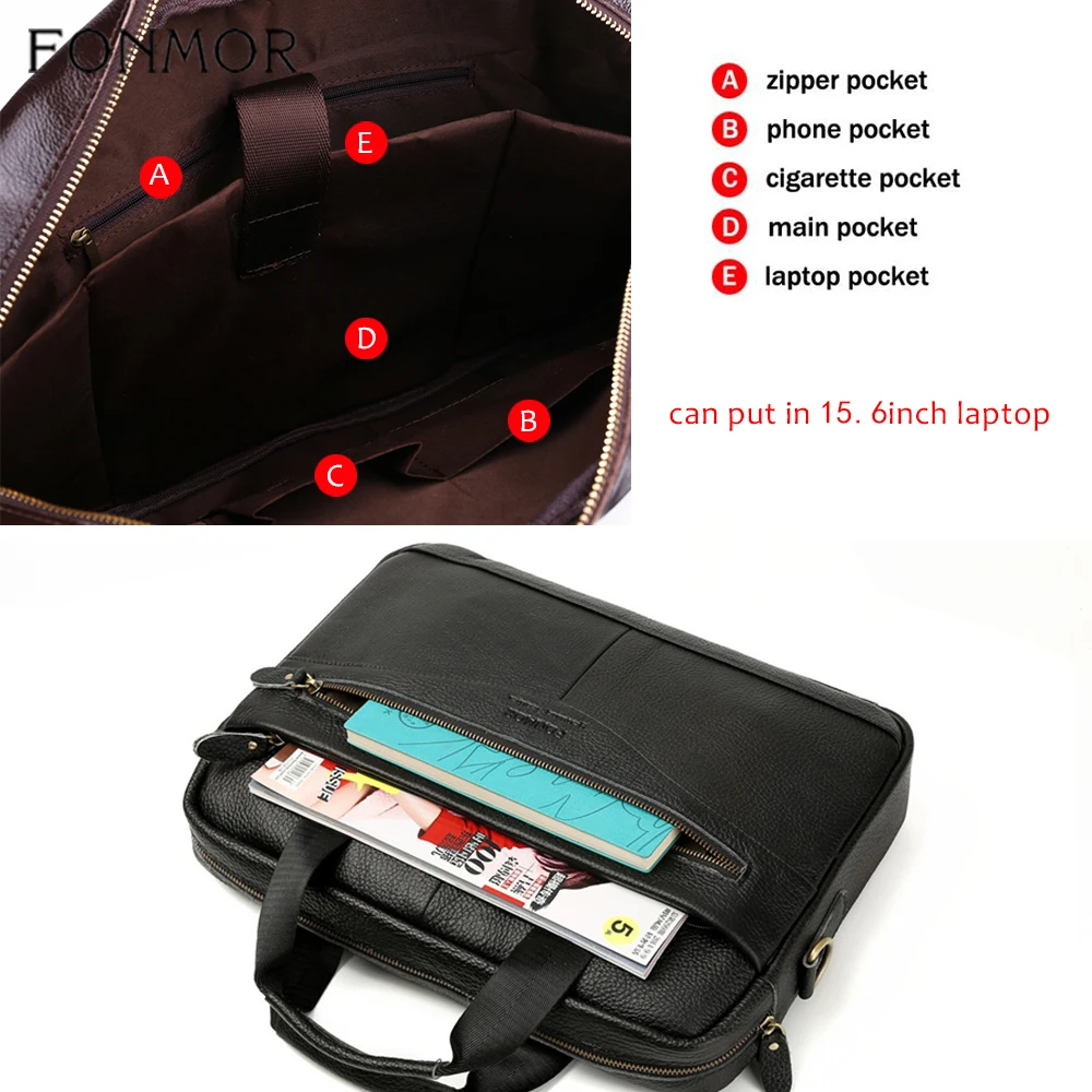 Fonmor Genuine Leather 15.6" Laptop Briefcase For Men Messenger Shoulder Bags Male Business Brown Crossbady Bag High Quality New