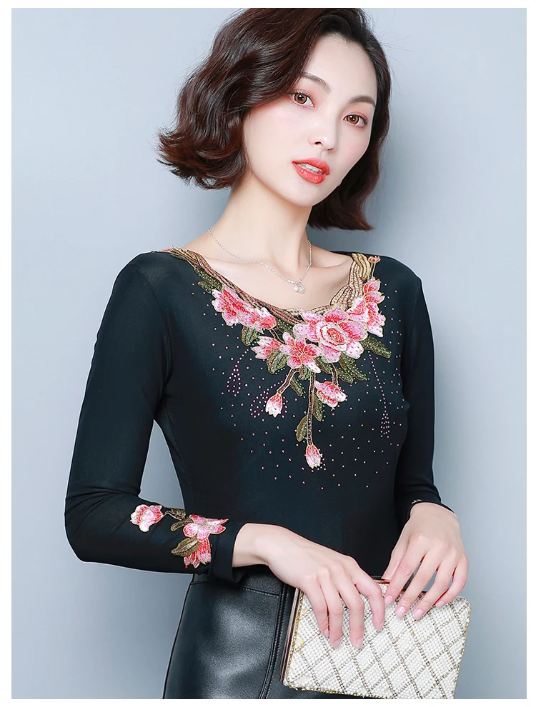 Camisas mujer осенне-зимняя кружевная рубашка плюс бархатная плотная футболка вышитая рубашка с длинным рукавом Женские топы Футболка
