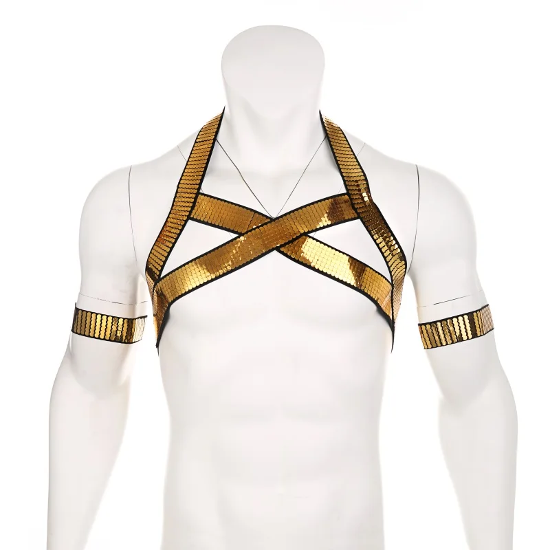 CLEVER-MENMODE Sexy Men’s Golden Shiny Harness Halter Neck Elastic Straps Lingerie Body Chest Men Bondage For Nightclub -Zentai shop online H71b0e99a882e46f2820650abf873b192S.jpg
