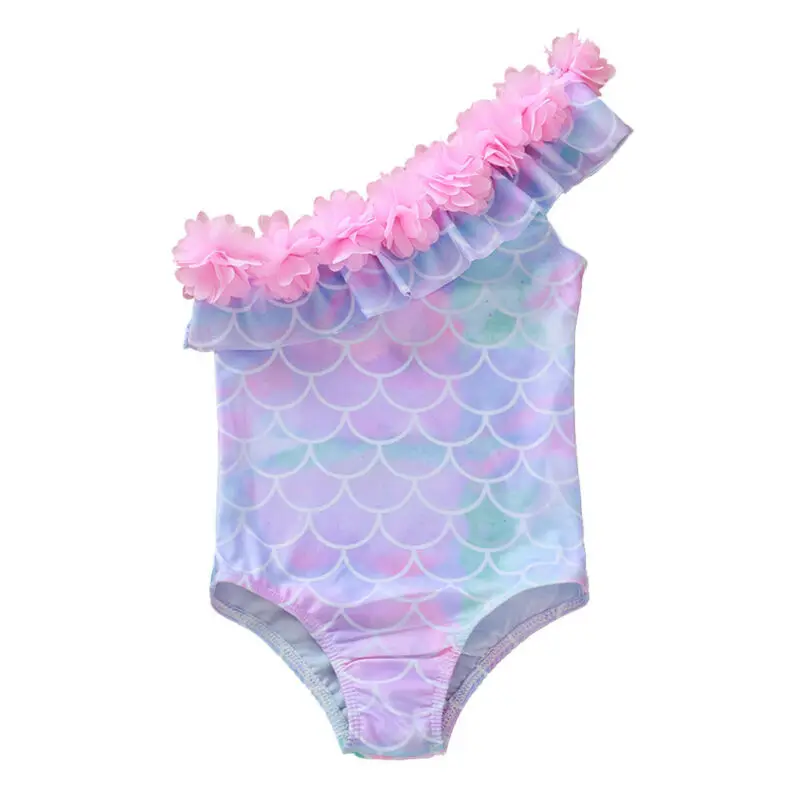 2020 Summer Swimsuit 1-5Y Toddler Kids Baby Girls One Shoulder Bikini Fish Scales Swimwear Bathing Suit Floral Beachwear 1