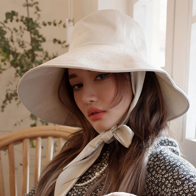 

Korean-style Simple Lace-up Bow Bucket Hat Japanese-style INS Solid Color Cotton Linen Breathable Big Brim Topee Bucket Hat Wome