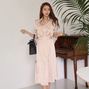 

Fashion Women Loose Solid Shirt Dresses With belt Turn Down Casual Ladies Office Elegant Dresses