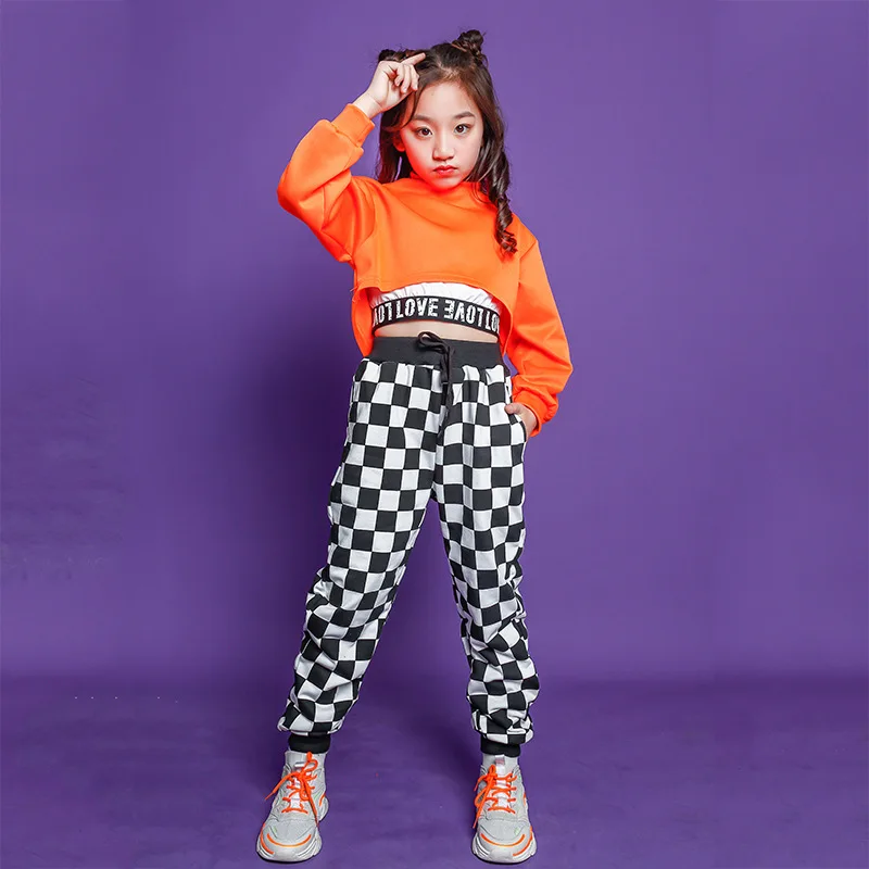 Kid Hip Hop Clothing Turtleneck Sweatshirt Crop Top Long Sleeve Streetwear Checkered Jogger Pants for Girl Dance Costume Clothes