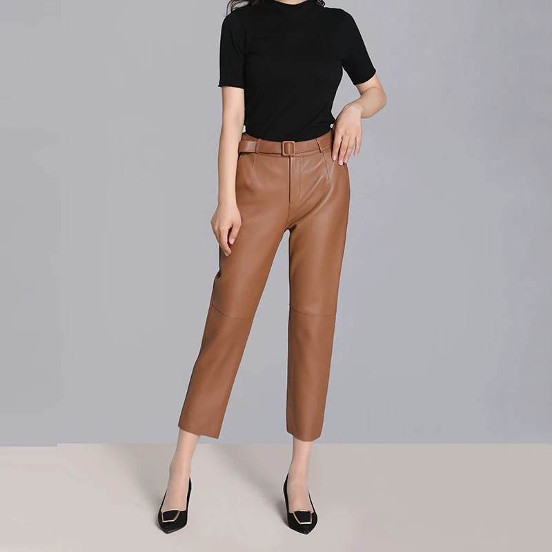 Streetwear Trousers Pants Women Korean-Style High-Waist Genuine-Leather Autumn Winter