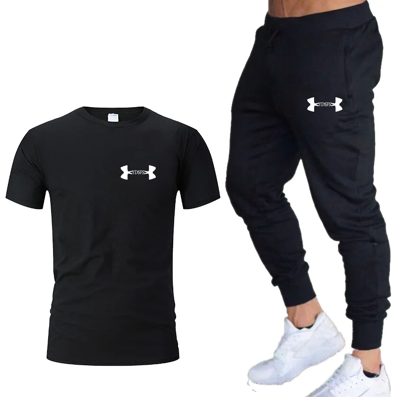 Хлопковые новые мужские комплекты для бега быстросохнущая дышащая футболка+ свободные Стрейчевые тренировочные штаны для спортзала, бега, фитнеса, тренировок, спортивный костюм для мужчин