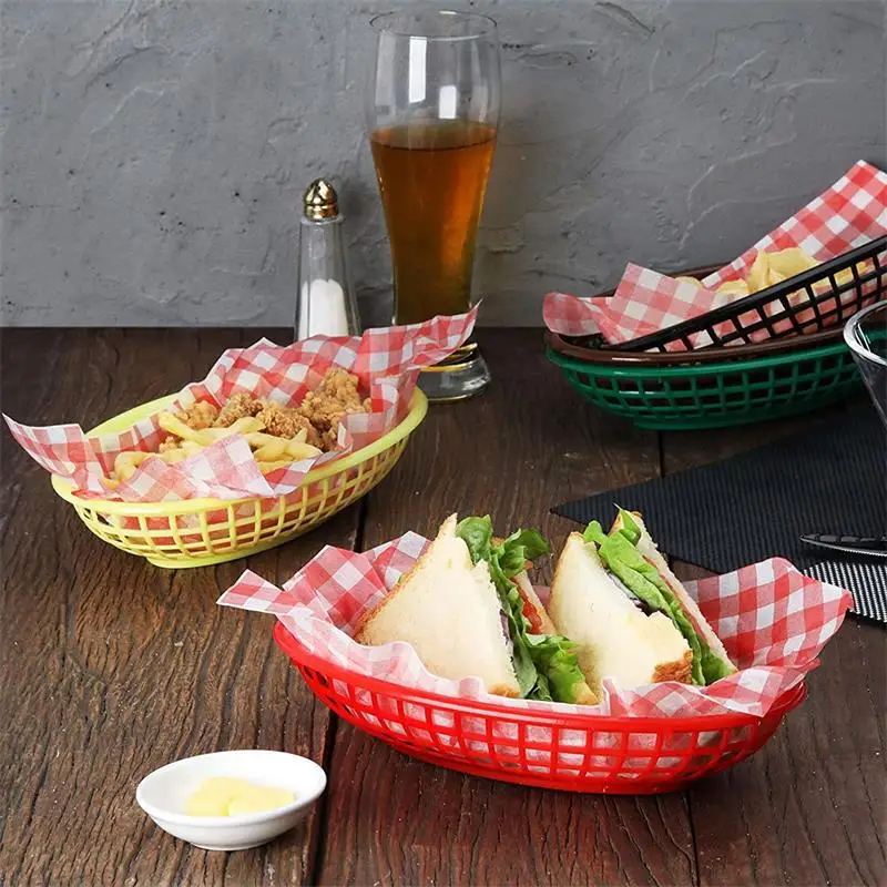 6pcs Red French Fries Basket Plastic Picnic Plates Blue Yellow Oval Fast Burger Serving Tray Dinner Bandeja Restaurant Supply