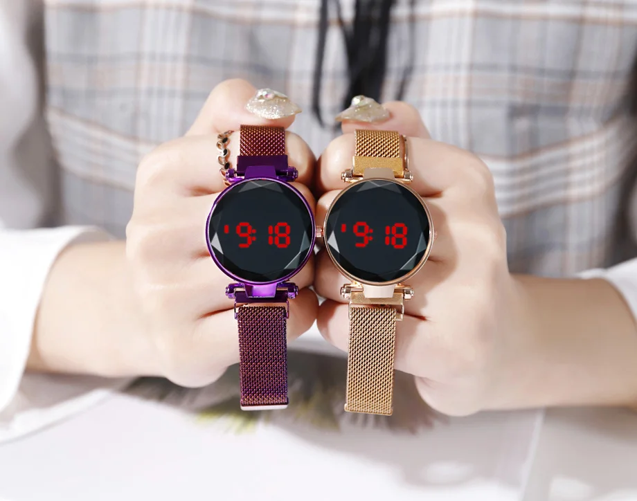Women Watches LED Watch Magnetic Bracelet Watches Rose Gold Digital Dress Watch Quartz Wristwatch