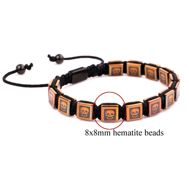 New Fashion 8MM square skull cross printed hematite beads braided friendship women men macrame bracelet bangle - Image 3